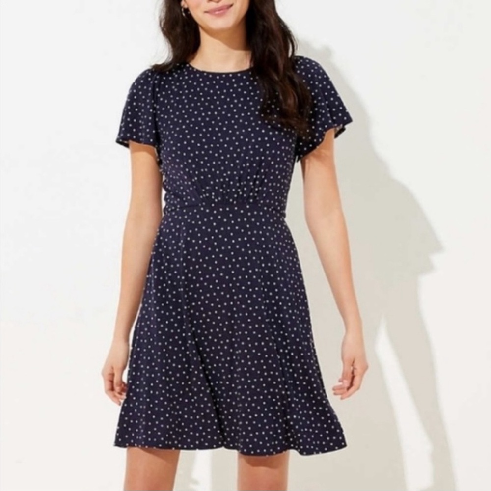 LOFT Blue and White Mini Dress with Flutter Sleeves